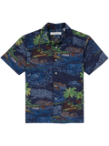 Navy tropical-print short-sleeve shirt with palm trees and waves, front view.
