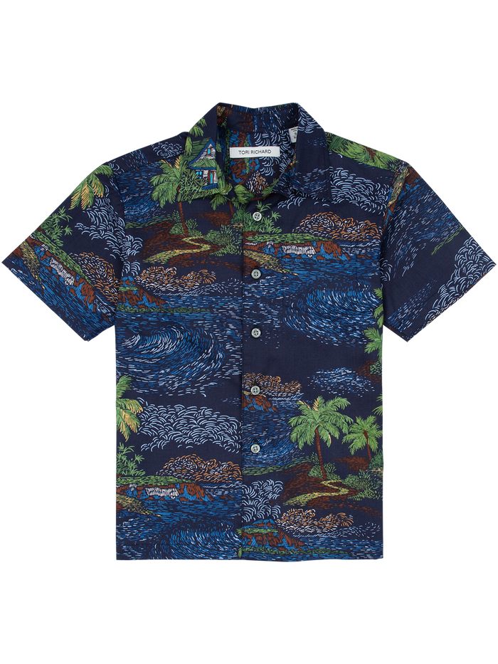 Navy tropical-print short-sleeve shirt with palm trees and waves, front view.