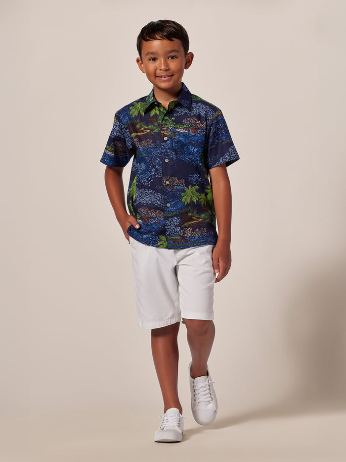 Light blue short-sleeve shirt, white shorts, and white sneakers, full-length walking view in both images.