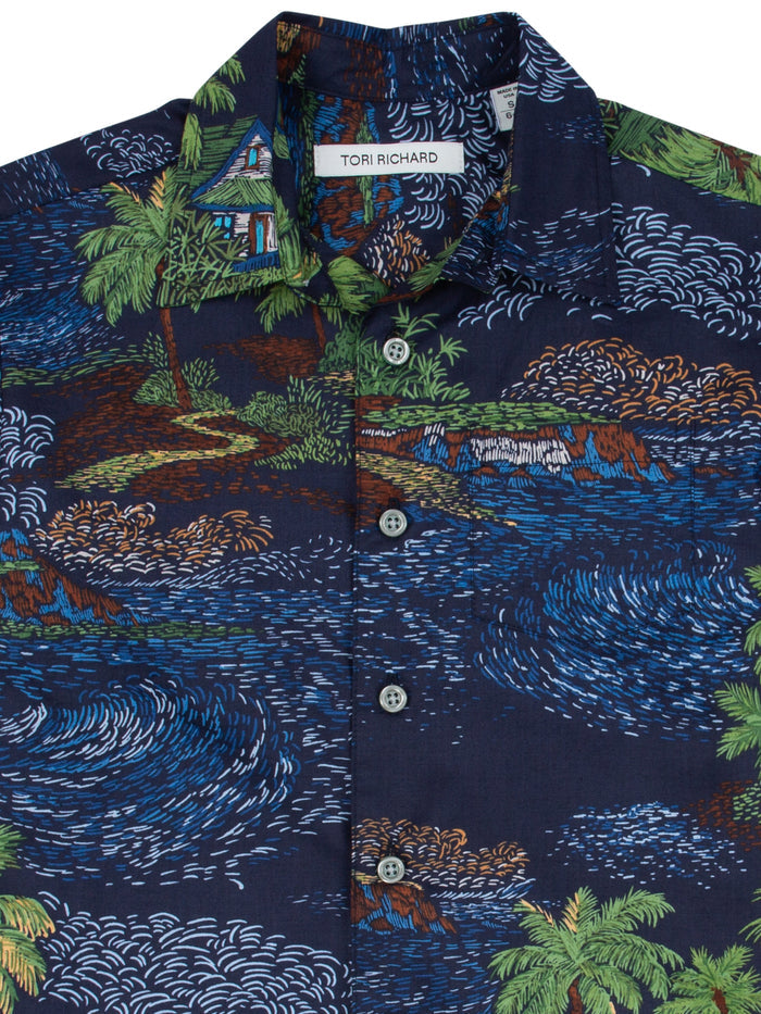 Navy tropical print boys cotton lawn shirt, front view, Tori Richard label.