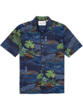 Navy palm tree and hut print cotton short-sleeve shirt, front and back views.