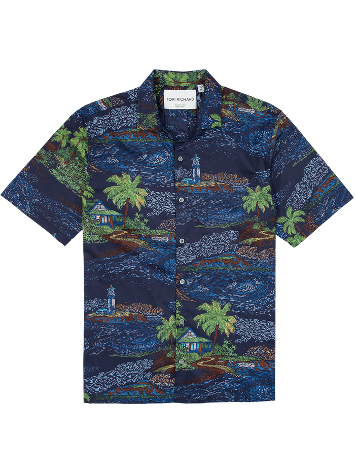 Navy palm tree and hut print cotton short-sleeve shirt, front and back views.