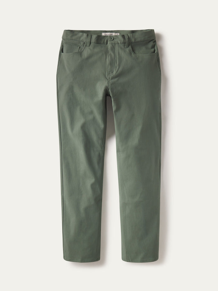 Seagrass-colored stretch twill pants with front and back pockets, flat lay view.