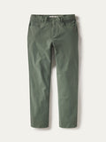 Seagrass-colored stretch twill pants with front and back pockets, flat lay view.