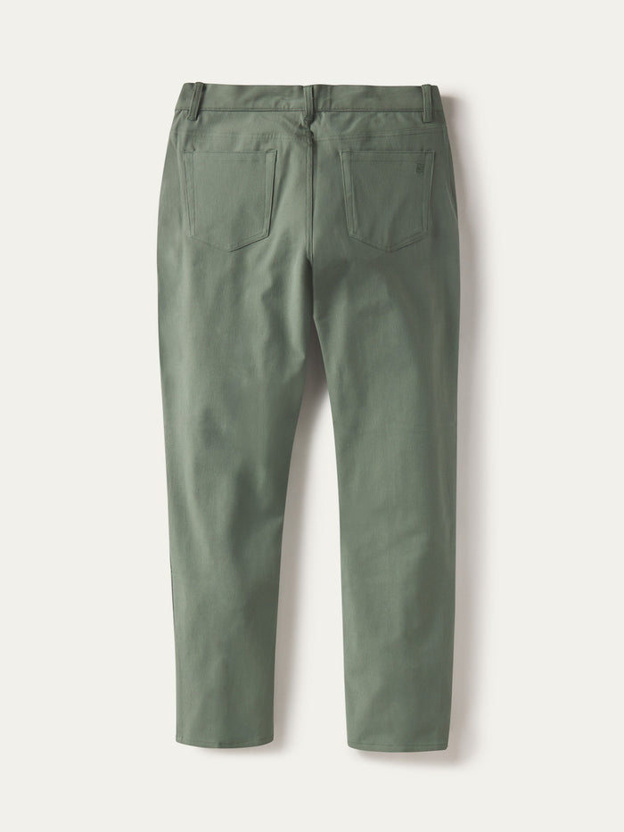Green twill pant, back view, featuring belt loops, rear pockets, and straight legs.