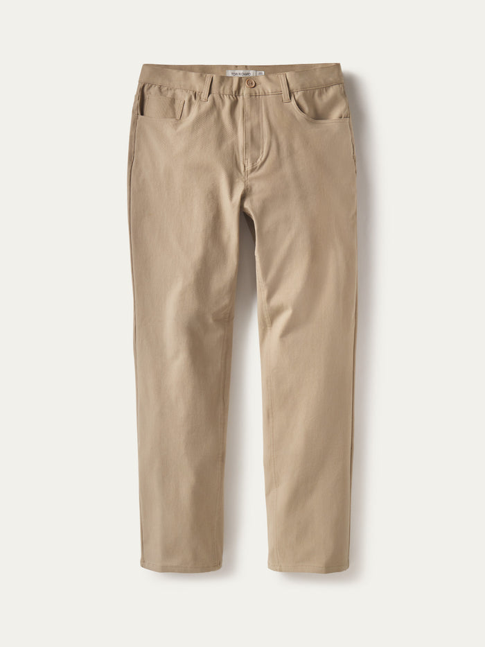 Khaki lightweight pants, front pockets, stretch fit, front view.