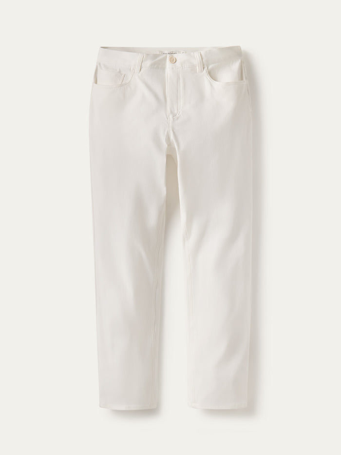 White denim jeans, no pattern/print, five-pocket, full length, straight leg, plain background.