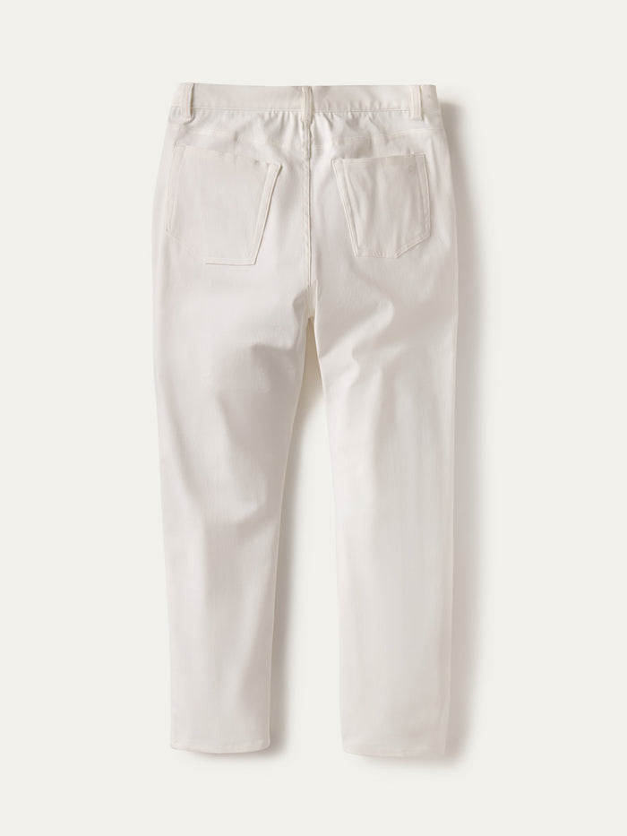 White denim straight-leg pants, back view with rear pockets, laid flat on white background.
