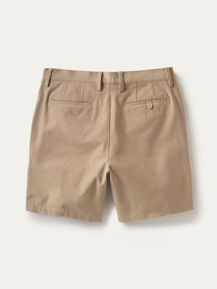 Khaki solid shorts, back view with belt loops, two welt pockets, and one buttoned pocket.