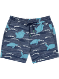 Blue sea turtle and wave-print swim shorts with navy drawstring and side pockets, front and back views.