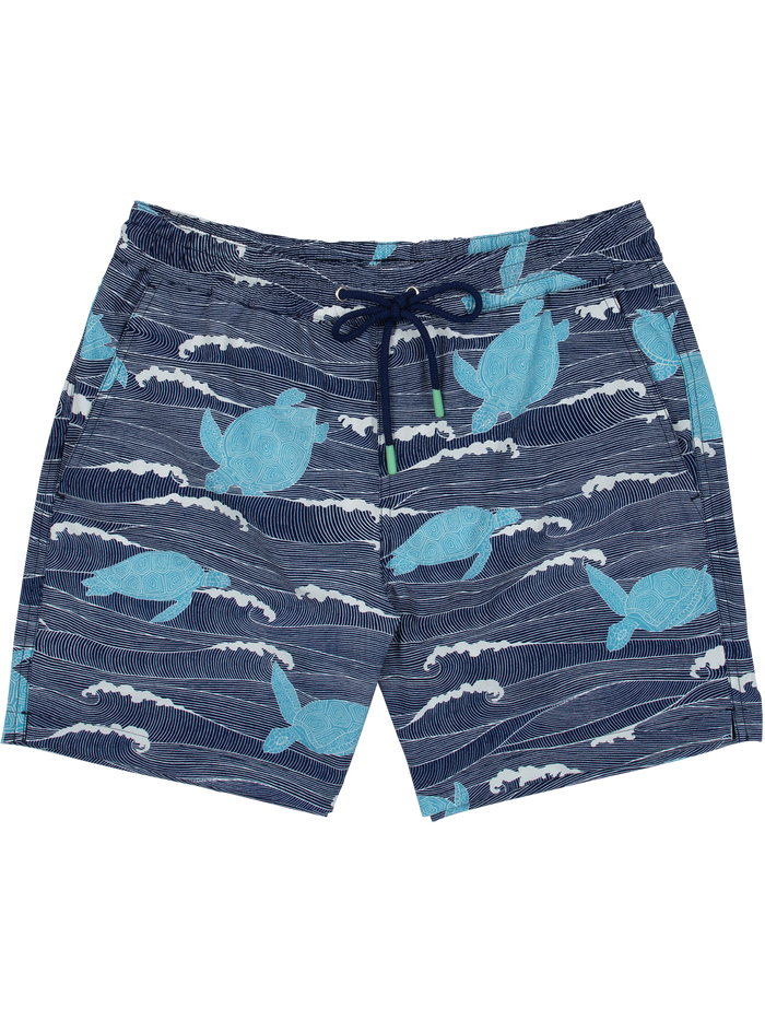 Blue sea turtle and wave-print swim shorts with navy drawstring and side pockets, front and back views.