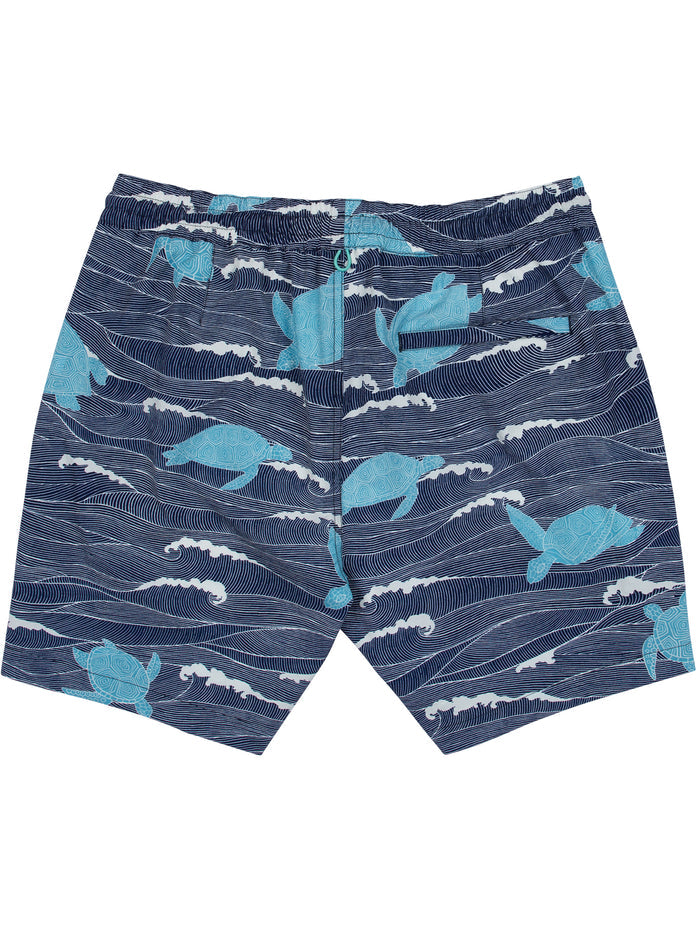 Blue sea turtle and wave-print swim trunks, quick-dry fabric, front and back views with elastic waistband detail.