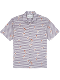 Purple geometric and orange palm tree print short-sleeve cotton shirt, flat lay front view.