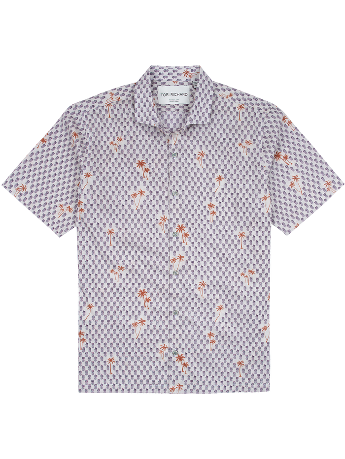 Purple geometric and orange palm tree print short-sleeve cotton shirt, flat lay front view.