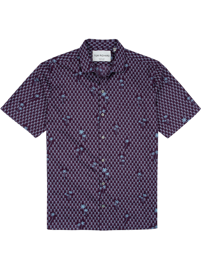 Purple palm tree and blue pineapples-print short-sleeve cotton shirt with buttons, front view.