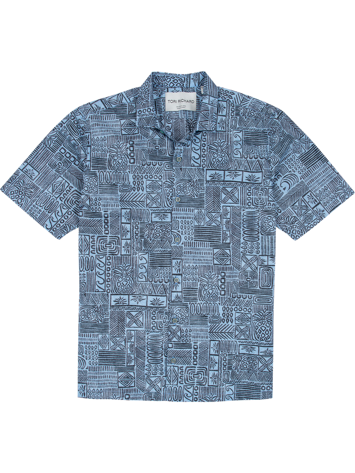 Blue short-sleeve button-up with black abstract Hawaiian geometric pattern, flat lay  front view.