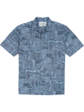 Blue short-sleeve button-up with black abstract Hawaiian geometric pattern, flat lay  front view.