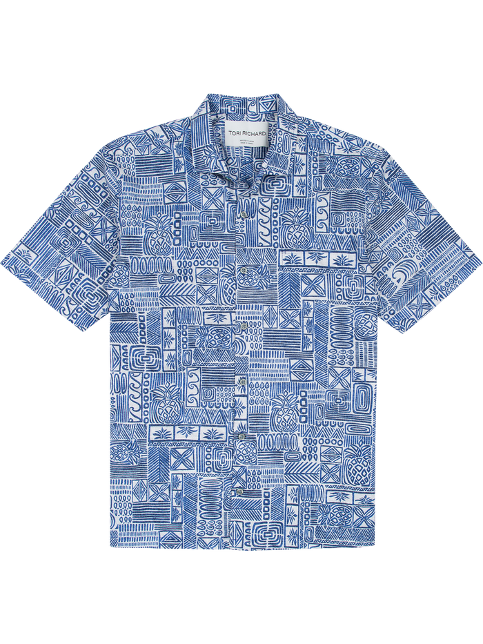 Blue and white abstract-line short-sleeve Hawaiian shirt, cotton lawn fabric, front flat lay view