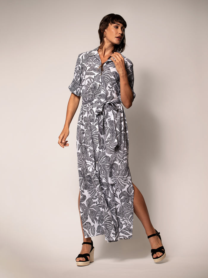 Blackand white polka dot floral pattern  midi dres voile maxi dress, full front view.