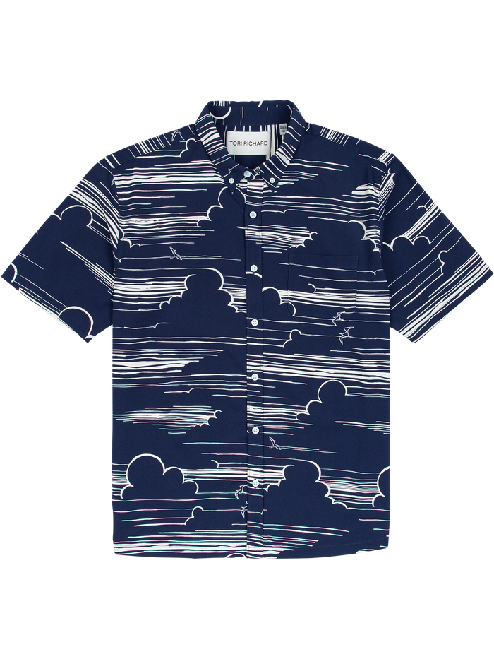 Navy shirt with white cloud pattern/print, long-sleeve UPF button-up, shown from the front.