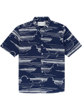 Navy shirt with white cloud pattern/print, long-sleeve UPF button-up, shown from the front.