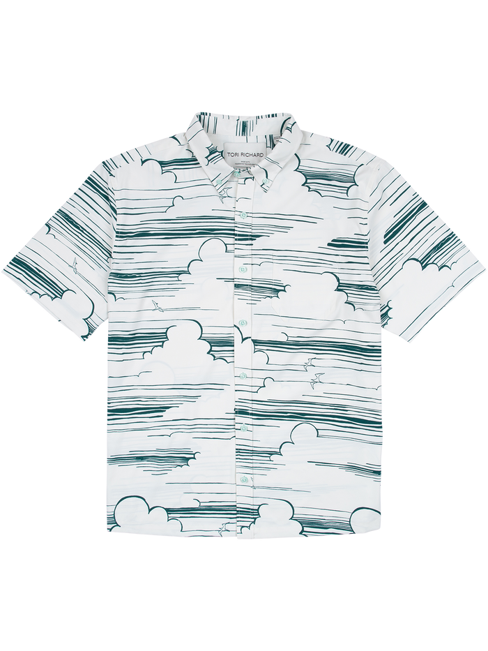 Blue cloud and skyline print short-sleeve shirt, moisture wicking, front view.