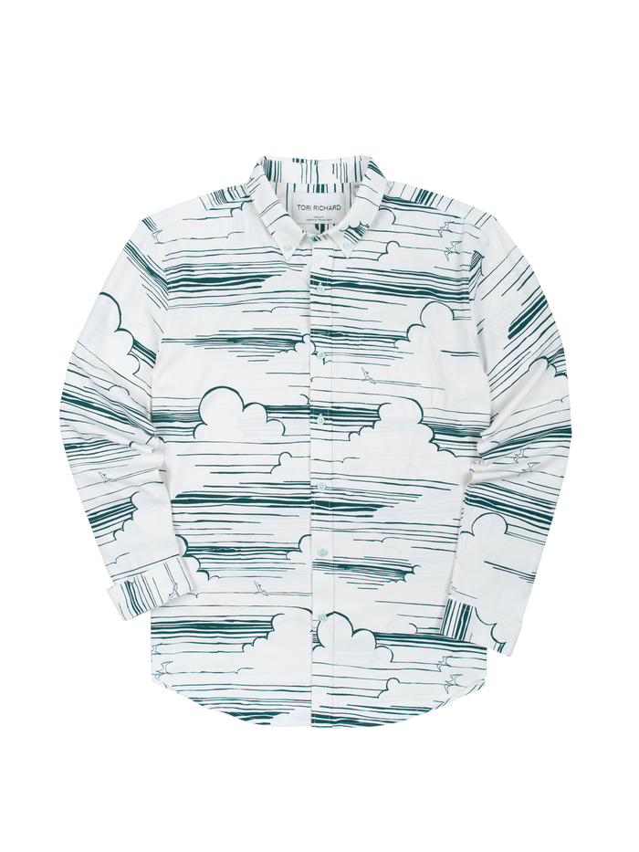 White long-sleeve shirt with green cloud pattern, wrinkle-resistant fabric, button-up collar, front view.