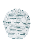 White long-sleeve shirt with green cloud pattern, wrinkle-resistant fabric, button-up collar, front view.
