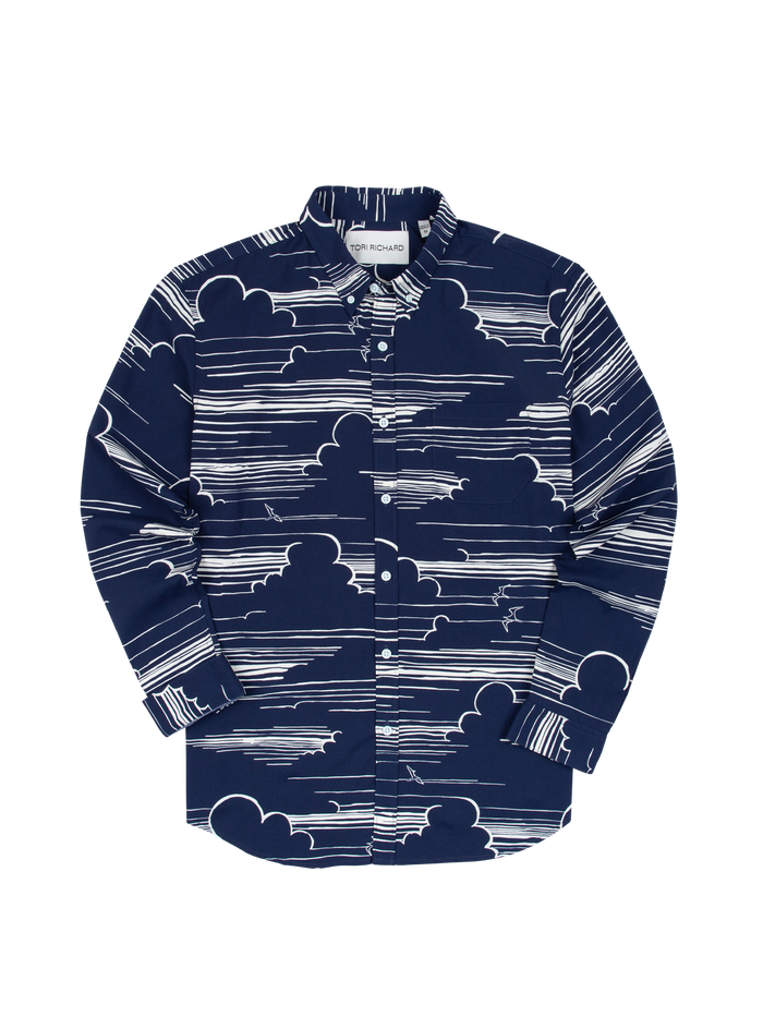 Navy and white cloud-striped long-sleeve shirt, laid flat, front view.