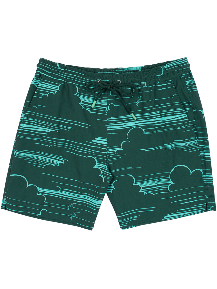 Green and teal cloud-striped swim shorts with drawstring waist and side pockets, front view.