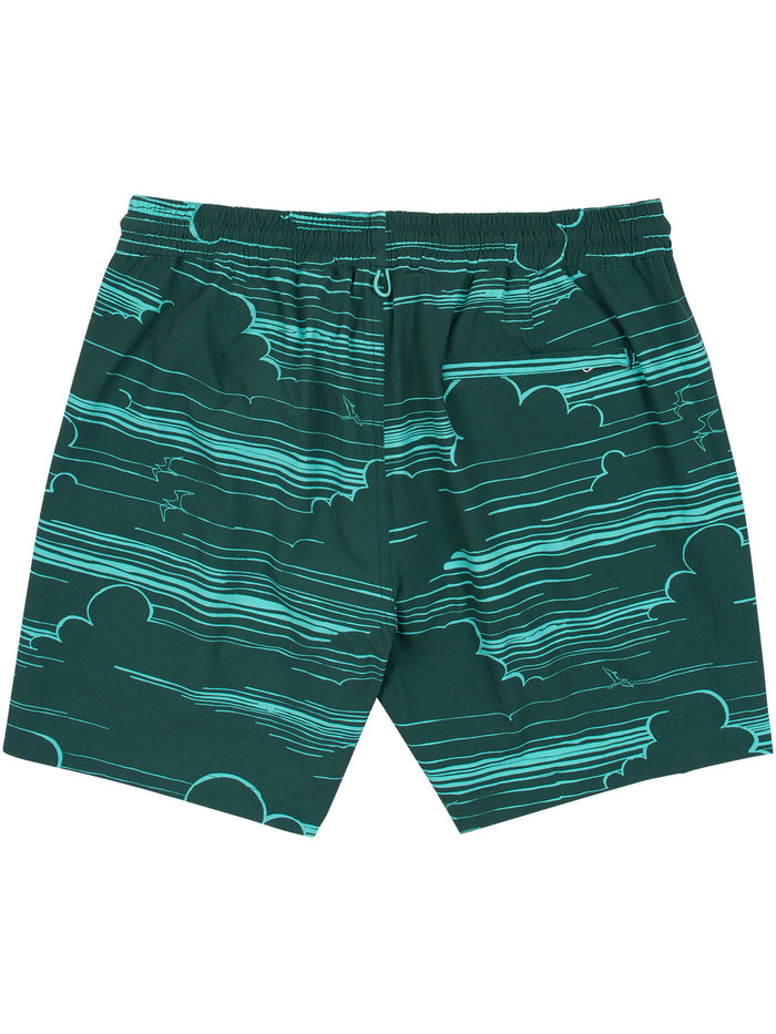 Dark green swim shorts with light blue cloud and bird print, elastic waist, and side pockets, front view.