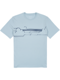 Light blue Pima cotton t-shirt with minimalist navy cloud and skyline chest graphic, front view.