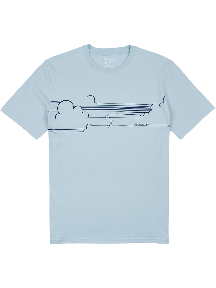 Light blue Pima cotton t-shirt with minimalist navy cloud and skyline chest graphic, front view.