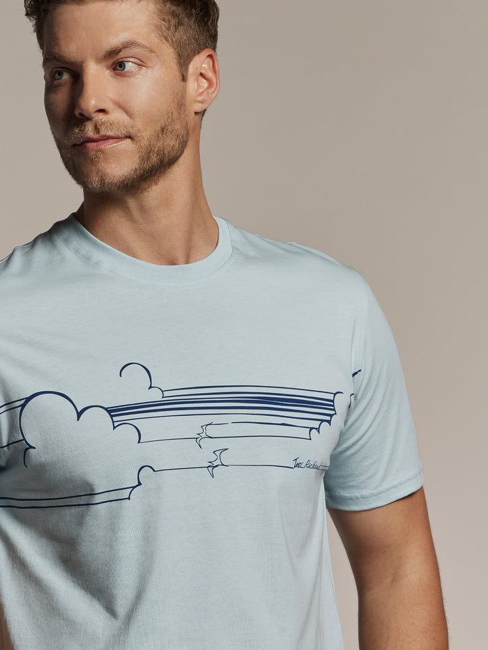 Light blue enzyme-washed cotton T-shirt with dark blue cloud and bird graphic, back view.