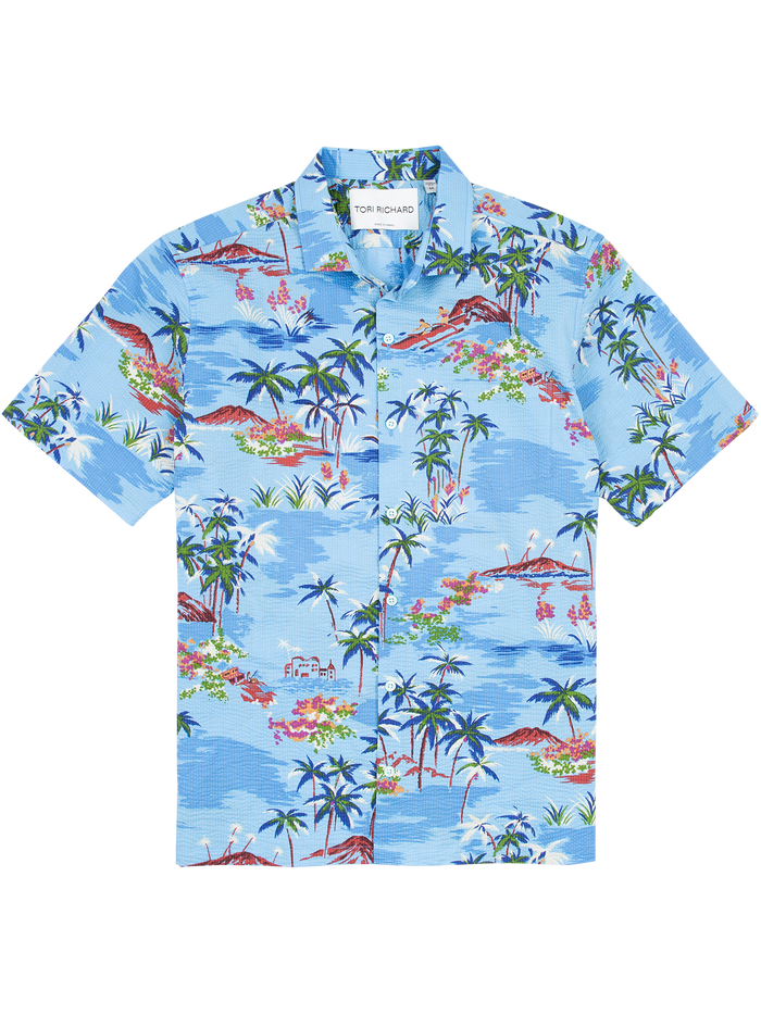 Blue canoe, island, and palm-print short-sleeve shirt in cotton pucker fabric, front view.