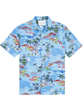 Blue canoe, island, and palm-print short-sleeve shirt in cotton pucker fabric, front view.