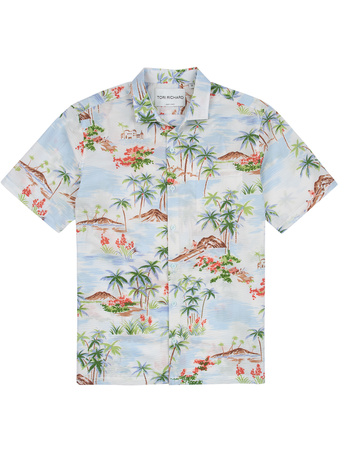 White cotton shirt, palm tree & canoe print, short sleeves & mountain print, short sleeves.