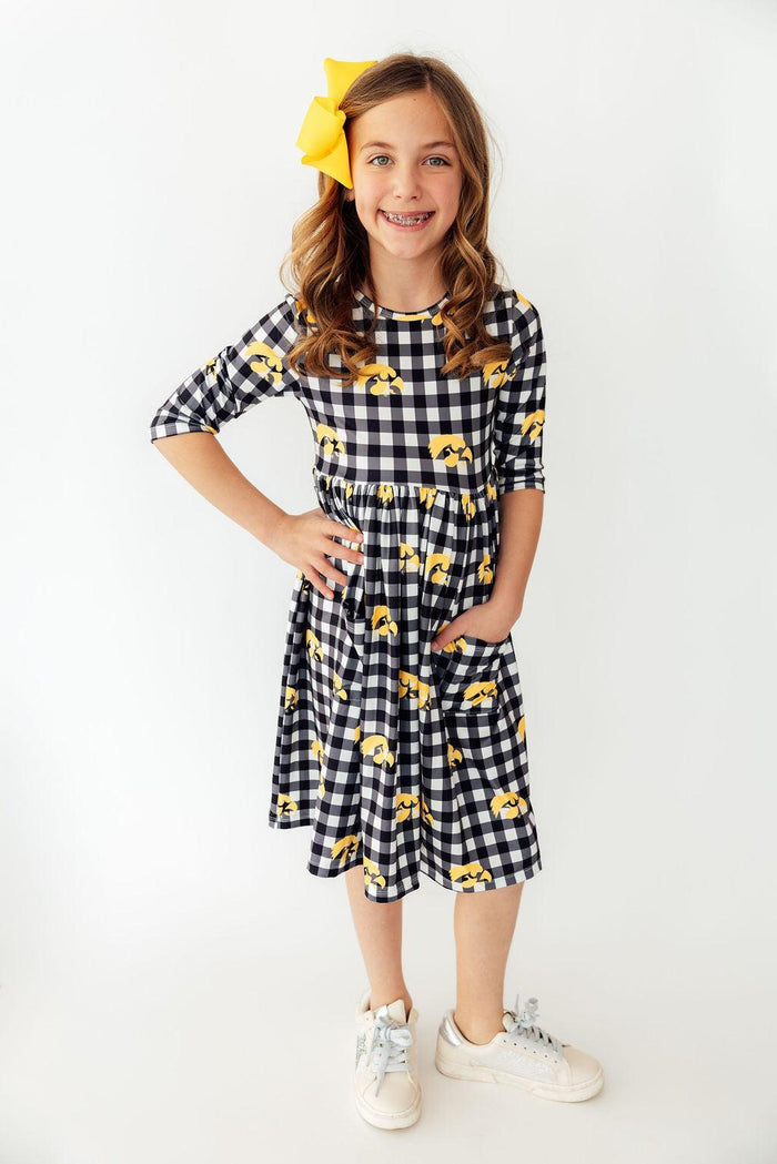 (V) Iowa Plaid Tigerhawk 3/4 Sleeve Pocket Twirl Dress-Mila & Rose ®