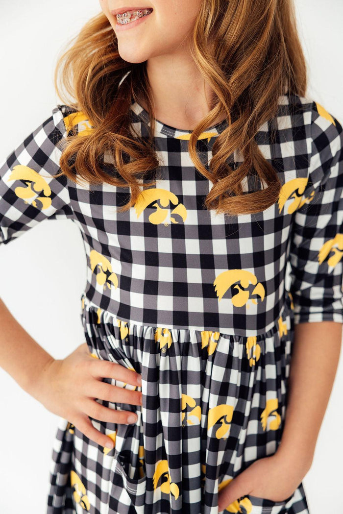 (V) Iowa Plaid Tigerhawk 3/4 Sleeve Pocket Twirl Dress-Mila & Rose ®