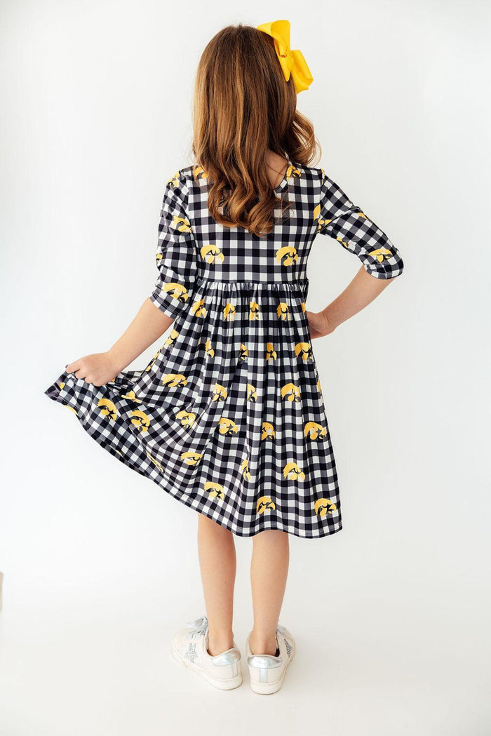(V) Iowa Plaid Tigerhawk 3/4 Sleeve Pocket Twirl Dress-Mila & Rose ®