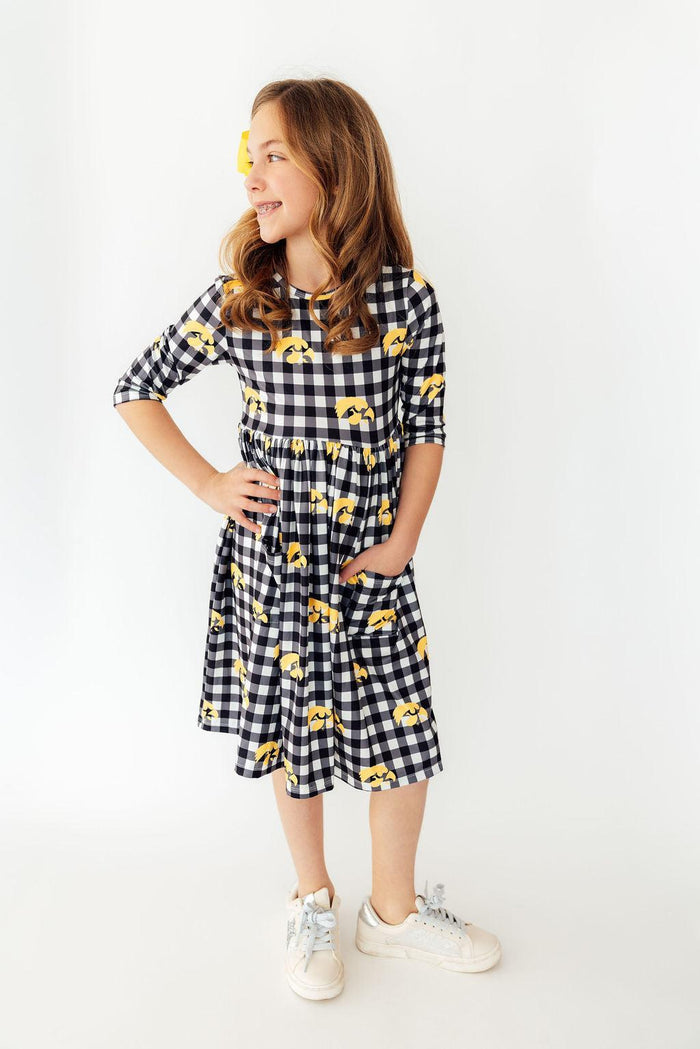 (V) Iowa Plaid Tigerhawk 3/4 Sleeve Pocket Twirl Dress-Mila & Rose ®