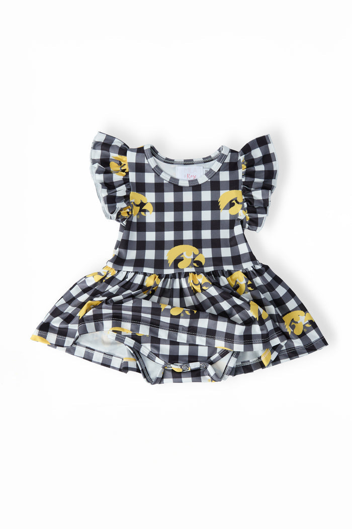 (S) Iowa Plaid Tigerhawk S/S Flutter Twirl Bodysuit-Mila & Rose ®