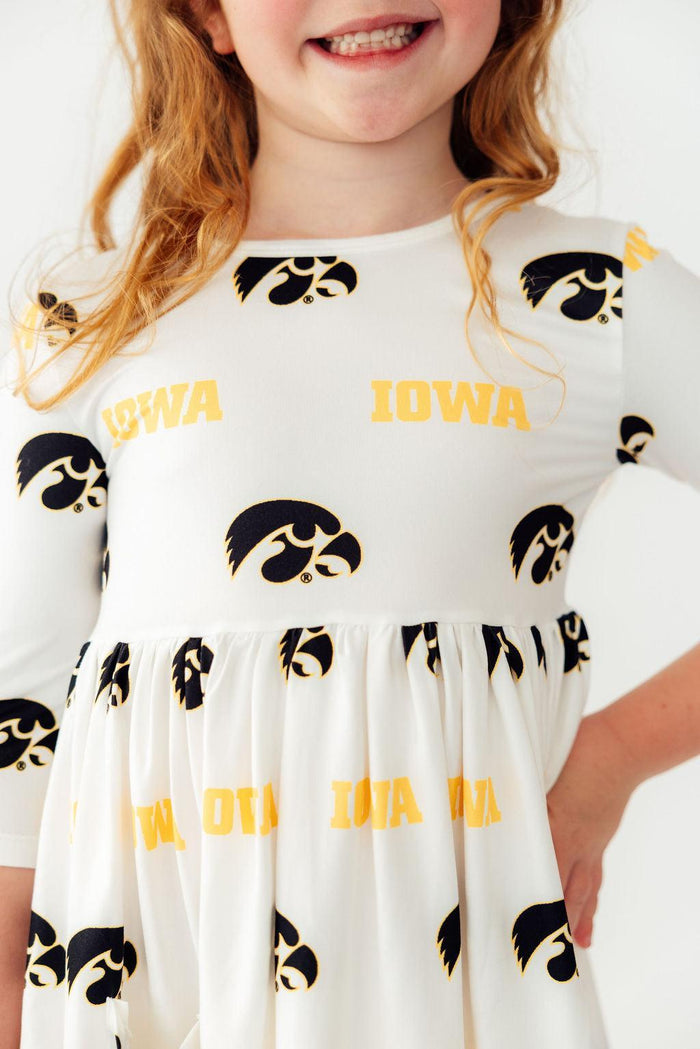 Iowa White Tigerhawk 3/4 Sleeve Pocket Twirl Dress-Mila & Rose ®
