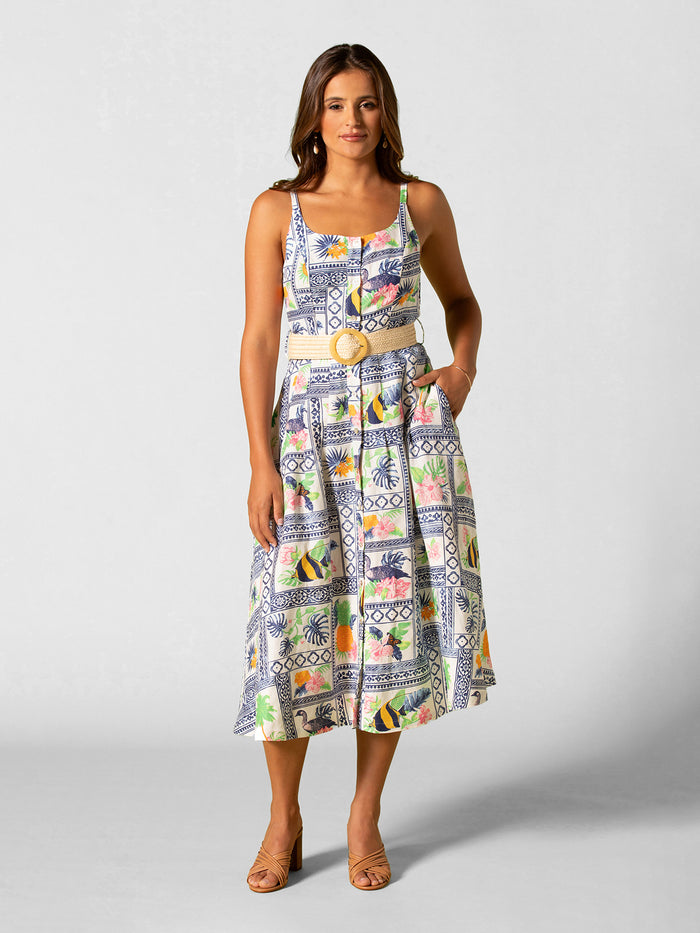 Multicolored belted midi dress, full front view on model with sandals.