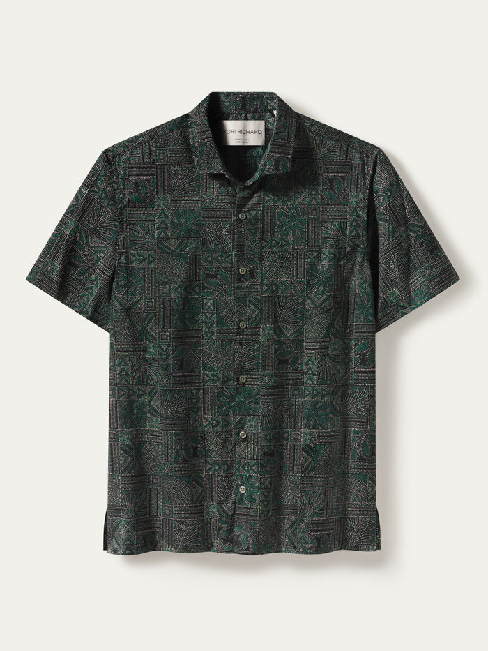 Dark green and black geometric-print short-sleeve button-up shirt, front view (Images 1 & 2).