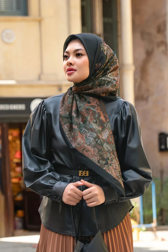 istanbul printed square scarf in black chili by buttonscarves style look