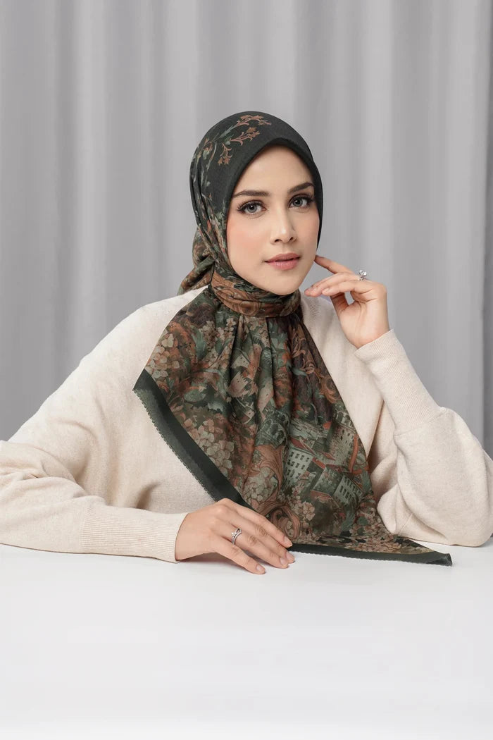istanbul printed square scarf in black chili by buttonscarves front view