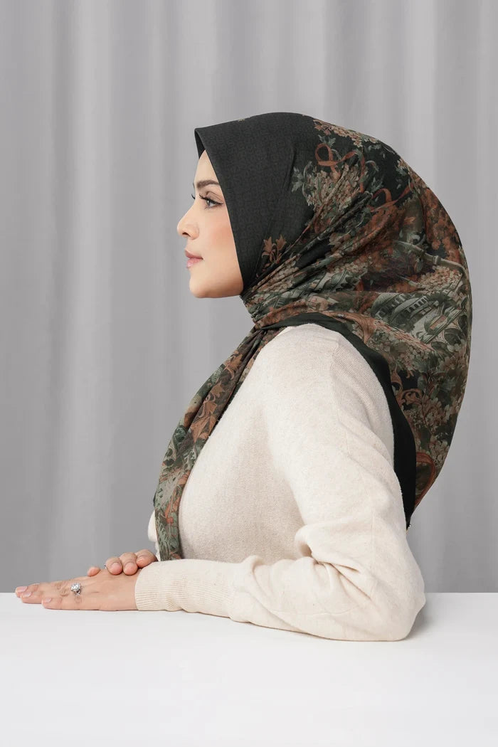 istanbul printed square scarf in black chili by buttonscarves side view