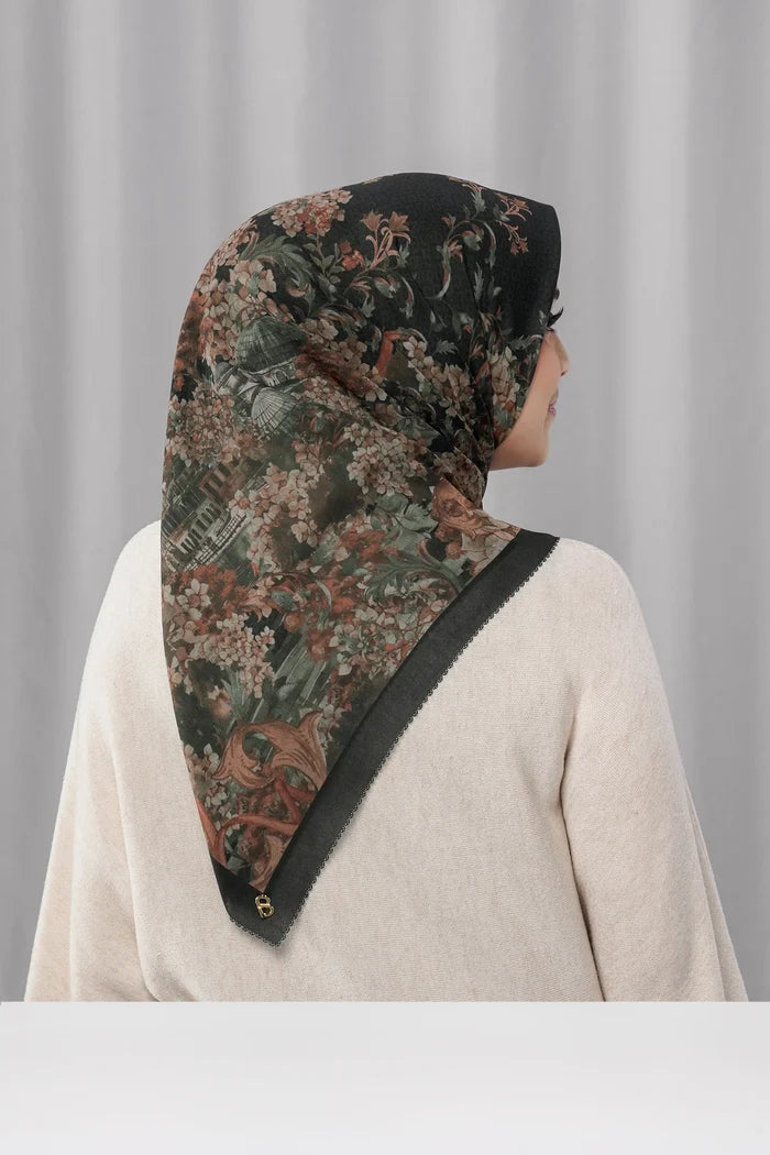istanbul printed square scarf in black chili by buttonscarves back view
