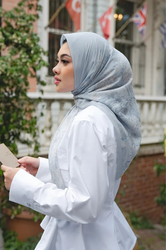 istanbul printed square scarf in dove by buttonscarves style look